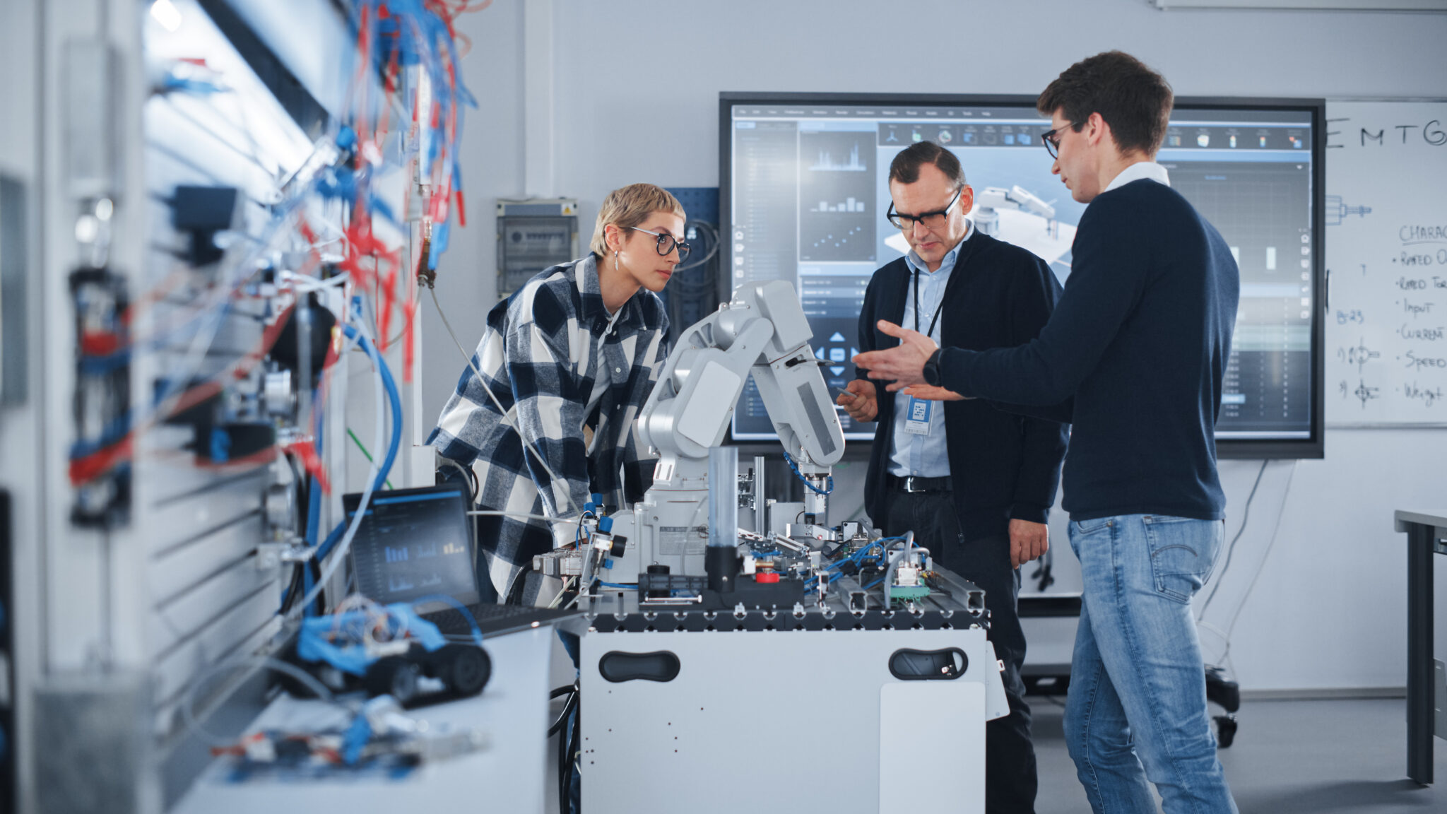 University students and faculty working with IoT-connected robotics in a higher education lab, securely monitored and classified on the campus network to ensure accurate asset tracking and regulatory compliance.