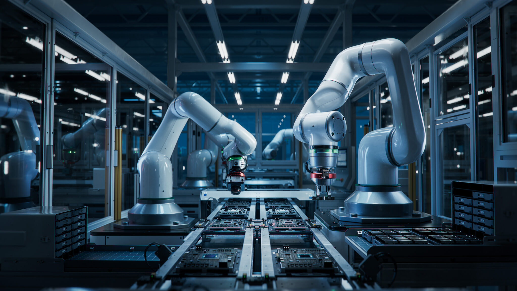 Automated robotic arms operating on a manufacturing assembly line, connected to an IoT network, that uses Cylera’s device profiling technology to ensure real-time monitoring, security, and operational efficiency.