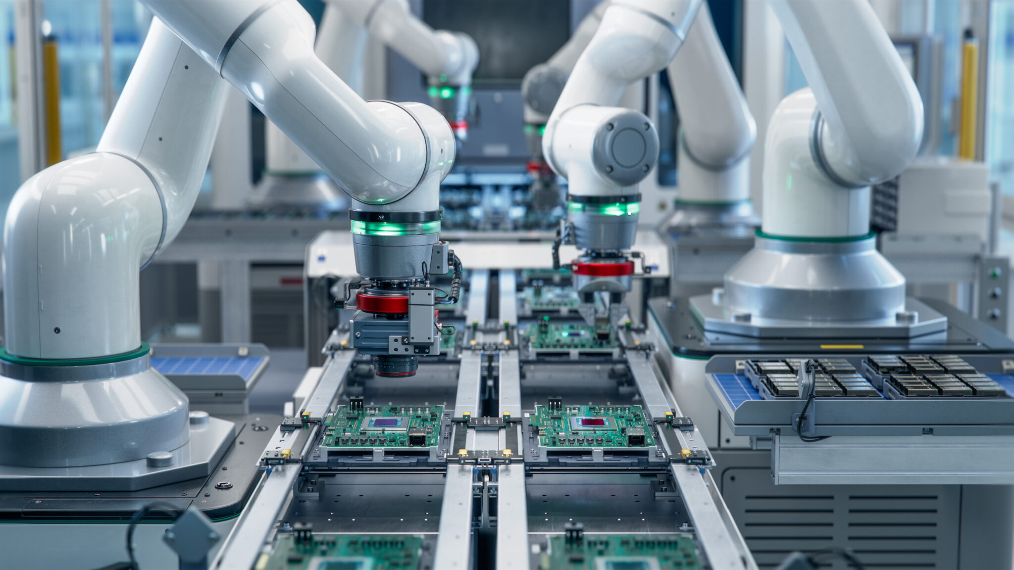 A manufacturing production line with robotic arms assembling circuit boards, monitored in real-time using Cylera’s platform to ensure IoT security, operational efficiency, and cyber threat detection.